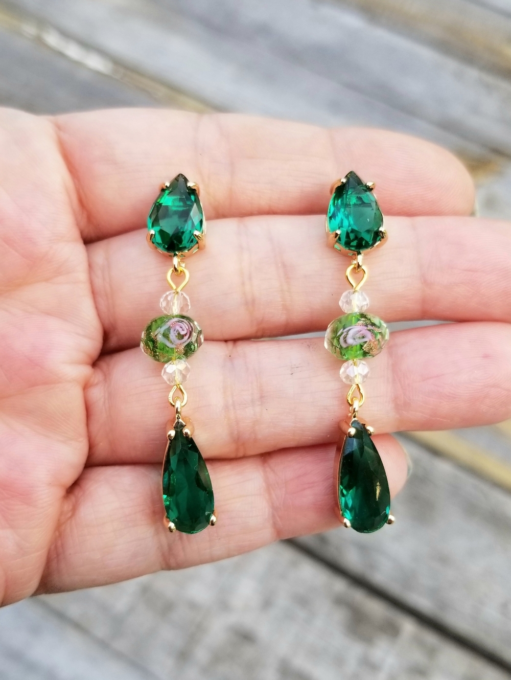 14k Gold Lampwork Glass Beaded Emerald Stud Dangle Earrings - Picture 5 of 7